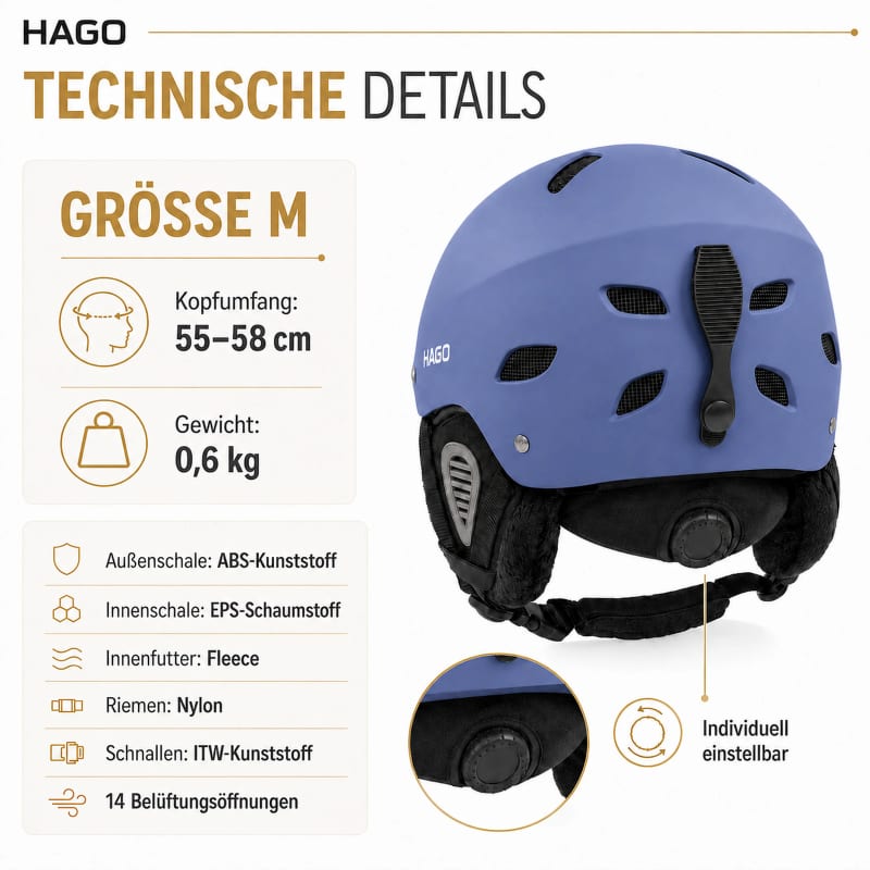 HAGO24 Skihelm Blau ABS-Kunststoff EPS-Schaumstoff Snowboardhelm Snowboardhelm Unisex größenverstellbar 14 Belüftungsöffnungen Skibrillenhalter – Größe M – Bild 4