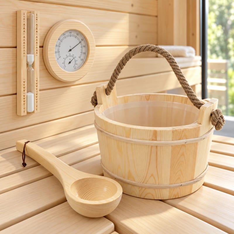 HAGO24 Sauna Zubehör Set Beige Kiefernholz Saunazubehörset Saunaaufguss-Set Saunaset 4 Liter Aufgusskübel Thermo-Hygrometer 15-Minuten-Sanduhr – Bild 5