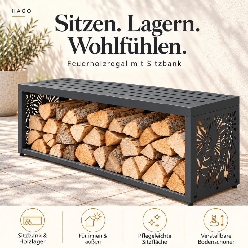 HAGO24 Feuerholzregal mit Sitzbank Anthrazit RAL 7016 verzinkter Stahl Kaminholzregal Brennholzregal Holzlager integrierte Sitzbank Kunststoff-Sitzfläche bis zu 220 kg belastbar – Bild 4
