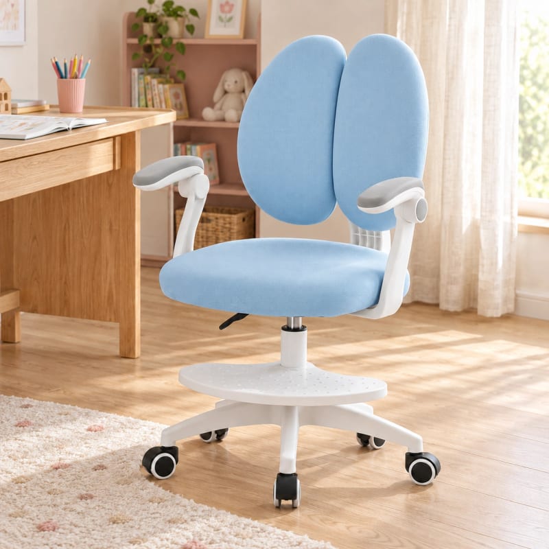 HAGO24 Kinder-Schreibtischstuhl Blau Polyester Drehstuhl Bürostuhl Schreibtischsessel 46-58cm-Sitzhöhe geteilte Rückenlehne höhenverstellbare Fußstütze im Einsatz