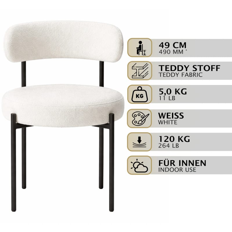 HAGO24 Esszimmerstühle 2er Set Weiß Teddystoff Bezug Polsterstuhl Sitzhöhe 49cm rund schwarze Metallfüße gemütlich edles Design bis 120kg – Bild 2