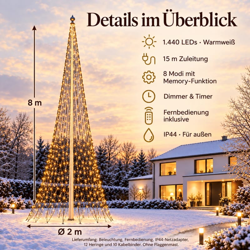 HAGO24 LED-Fahnenmastbeleuchtung Warmweiß Kunststoff Fahnenmast-Lichterkette Flaggenmastbeleuchtung Weihnachtsbeleuchtung 1440 LEDs 800 cm Höhe IP44 Außenbereich – Bild 4