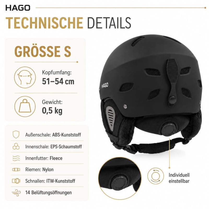 HAGO24 Skihelm Schwarz ABS-Kunststoff EPS-Schaumstoff Snowboardhelm Snowboardhelm Unisex größenverstellbar 14 Belüftungsöffnungen Skibrillenhalter – Größe S – Bild 4