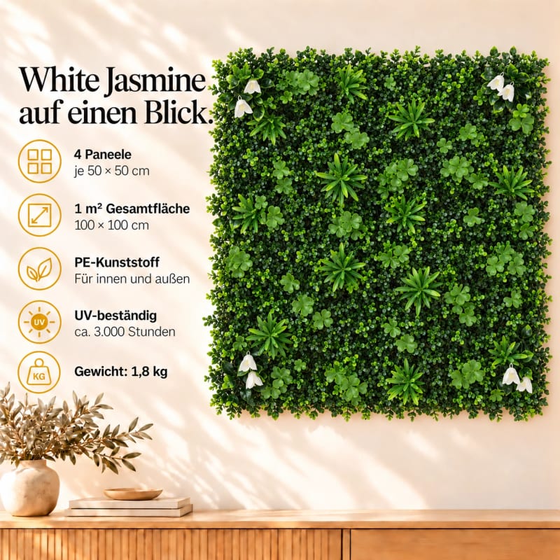 HAGO24 1qm Künstliche Pflanzwand Grün PE Kunstpflanzenwand Pflanzenmatte Blumenwand 4er-Set 50x50 cm Paneel Wanddeko UV-Beständig – Bild 4