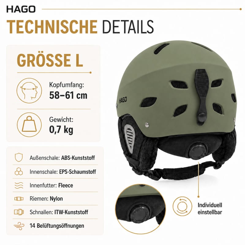 HAGO24 Skihelm Grün ABS-Kunststoff EPS-Schaumstoff Snowboardhelm Snowboardhelm Unisex größenverstellbar 14 Belüftungsöffnungen Skibrillenhalter – Größe L – Bild 4