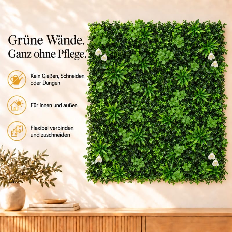 HAGO24 1qm Künstliche Pflanzwand Grün PE Kunstpflanzenwand Pflanzenmatte Blumenwand 4er-Set 50x50 cm Paneel Wanddeko UV-Beständig – Bild 3
