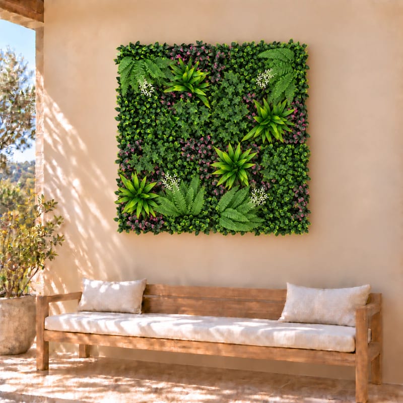 HAGO24 1qm Künstliche Pflanzwand Grün PE Kunstpflanzenwand Pflanzenmatte Blumenwand 4er-Set 50x50 cm Paneel Wanddeko UV-Beständig – Bild 2