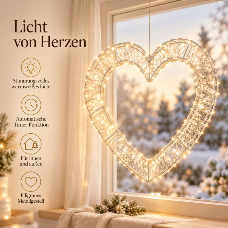 HAGO® LED Dekoherz Leuchtherz 500 LEDs 38,5 cm mit Timer warmweiß IP44 Weihnachtsdeko – Bild 3