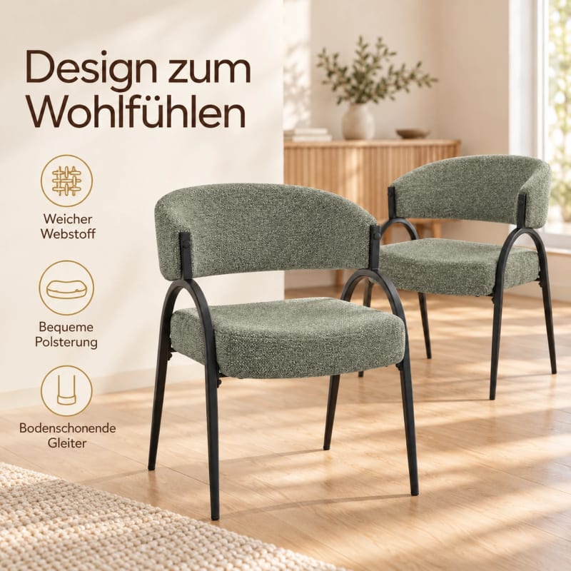 HAGO24 2er Set Esszimmerstühle Küchenstuhl Polyester Polsterstuhl Essstühle Designerstühle Bouclé-Webstoff – Bild 3