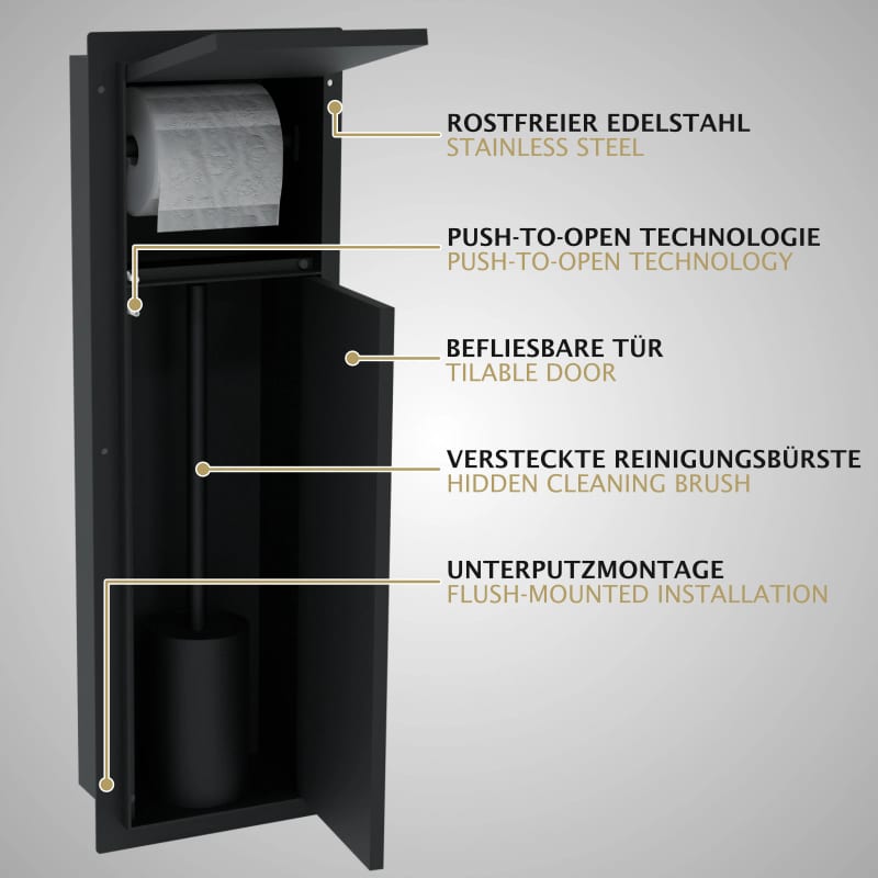 HAGO24 WC Modul Edelstahl Schwarz Schlitz Einbauschrank Unterputz Wandnische 200x600mm Toilettenpapierhalter Bürstenhalter Push-to-Open befliesbare Tür – Bild 5
