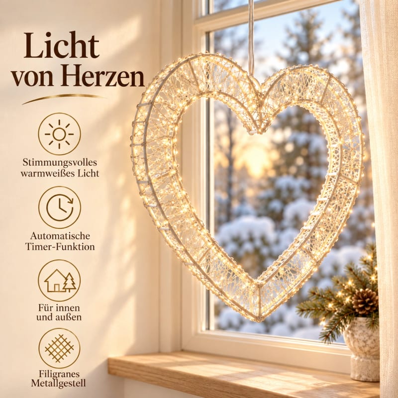 HAGO® LED Dekoherz Leuchtherz 720 LEDs 49,5 cm mit Timer warmweiß IP44 Weihnachtsdeko – Bild 3