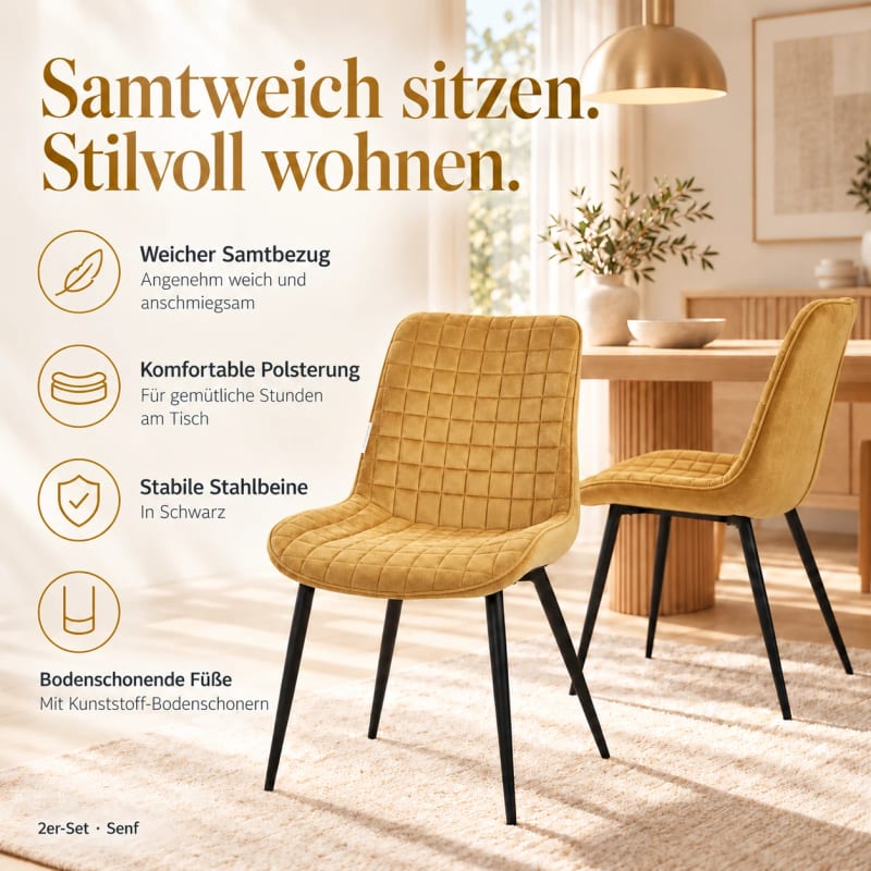 HAGO24 Esszimmerstühle Senf - Samt Polsterstuhl Küchenstuhl Samtstuhl Essstuhl quadratische Steppung gepolsterte Rückenlehne schwarzes Metallgestell – Bild 3