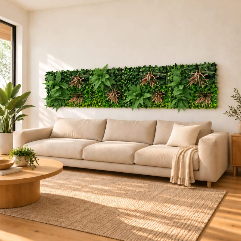 HAGO24 1qm Künstliche Pflanzwand Grün PE Kunstpflanzenwand Pflanzenmatte Blumenwand 4er-Set 50x50 cm Paneel Wanddeko UV-Beständig – Bild 5
