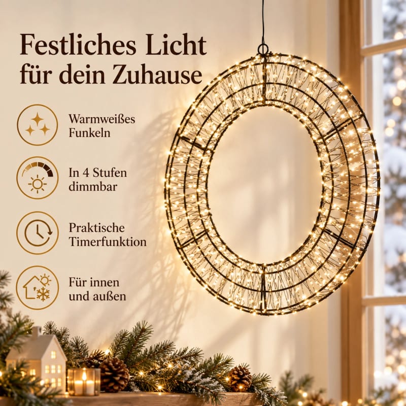 HAGO24 LED Lichterkranz 38cm Leuchtring Weihnachtsbeleuchtung Fensterdeko Winterdeko 4 Dimmstufen 8 Leuchtmodi 6-Stunden-Timer – Bild 3