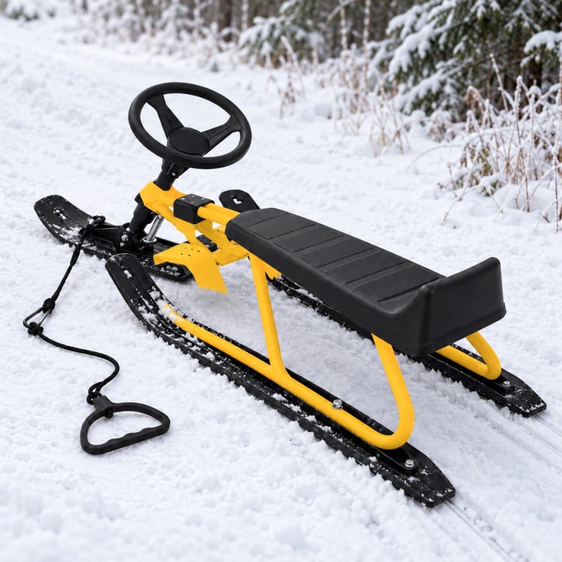 HAGO24 Kinder Lenkschlitten Gelb Stahl Rodelschlitten Steuerschlitten Schneeschlitten 20-cm-Sitzhöhe Fußbremse abnehmbares Zugseil – Bild 5