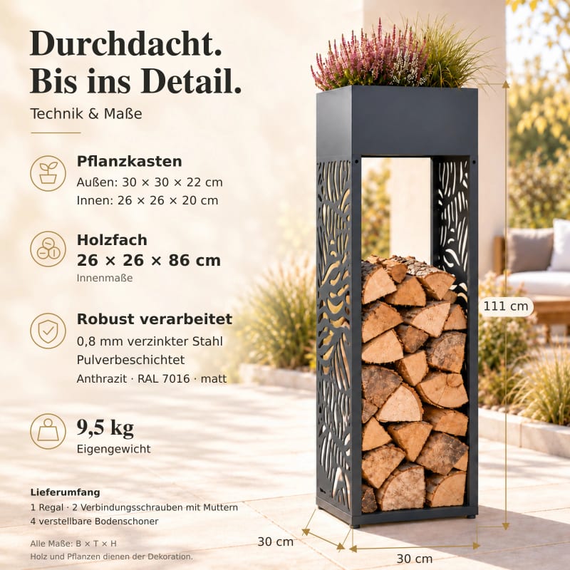 HAGO24 Feuerholzregal Anthrazit verzinkter Stahl Kaminholzregal Brennholzregal Holzlager Säulenform integrierter Pflanzkasten modular erweiterbar – Bild 4