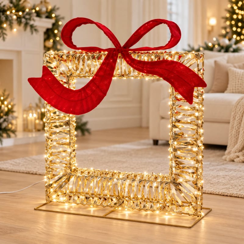 HAGO24 LED Geschenkbox Gold mit roter Schleife Metall Leuchtgeschenk Lichtgeschenk Geschenkbeleuchtung 500 warmweiße LEDs Timer 8/16 Stunden IP44 innen und außen – Bild 5