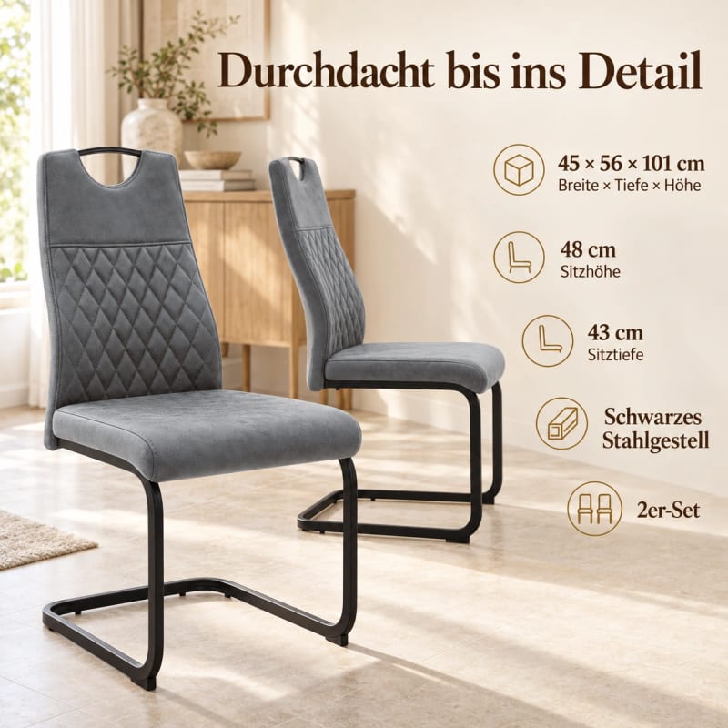HAGO24 2er-Set Esszimmerstuhl Anthrazit Kunstleder Küchenstühle Schwingstuhl Freischwinger Polsterstuhl Rautensteppung Griffmulde Bodenschoner – Bild 4
