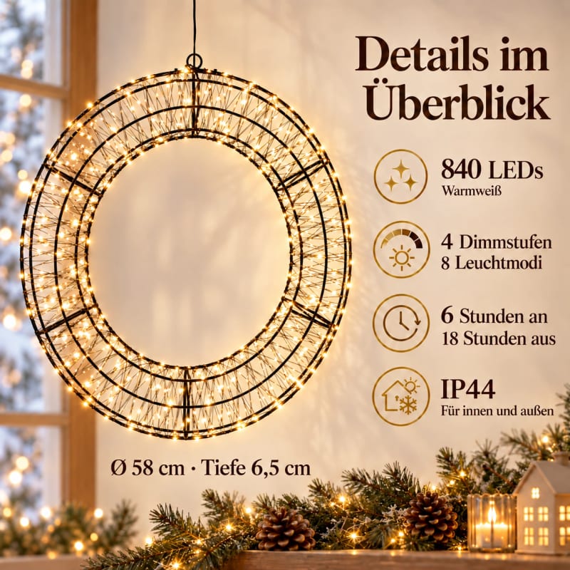 HAGO24 LED Lichterkranz 58cm Leuchtring Weihnachtsbeleuchtung Fensterdeko Winterdeko 4 Dimmstufen 8 Leuchtmodi 6-Stunden-Timer – Bild 4