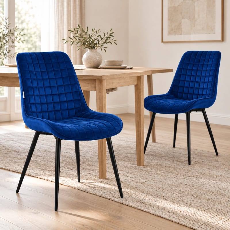 HAGO24 Esszimmerstühle Blau - Samt Polsterstuhl Küchenstuhl Samtstuhl Essstuhl quadratische Steppung gepolsterte Rückenlehne schwarzes Metallgestell – Bild 1