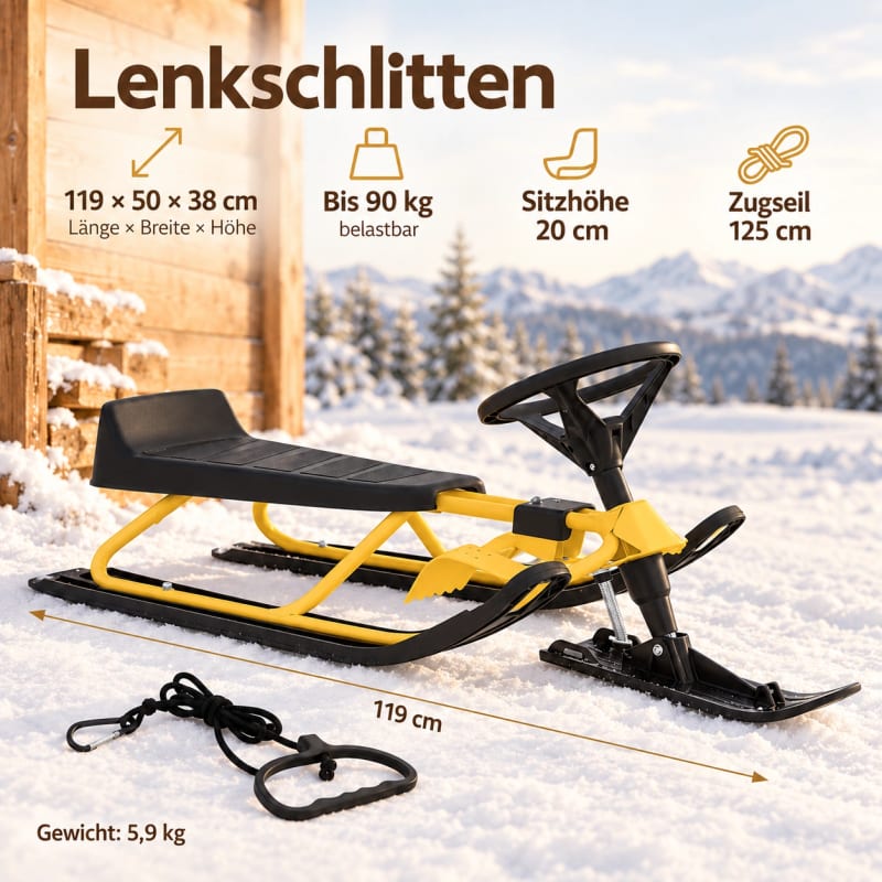 HAGO24 Kinder Lenkschlitten Gelb Stahl Rodelschlitten Steuerschlitten Schneeschlitten 20-cm-Sitzhöhe Fußbremse abnehmbares Zugseil – Bild 4