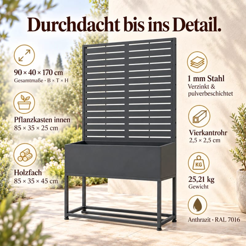 HAGO24 Feuerholzregal Anthrazit (RAL 7016) verzinkter Stahl Brennholzregal Kaminholzregal Holzständer Pflanzkasten Rankgitter 4 verstellbare Bodenschoner – Bild 4