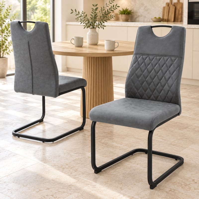 HAGO24 2er-Set Esszimmerstuhl Anthrazit Kunstleder Küchenstühle Schwingstuhl Freischwinger Polsterstuhl Rautensteppung Griffmulde Bodenschoner – Bild 5