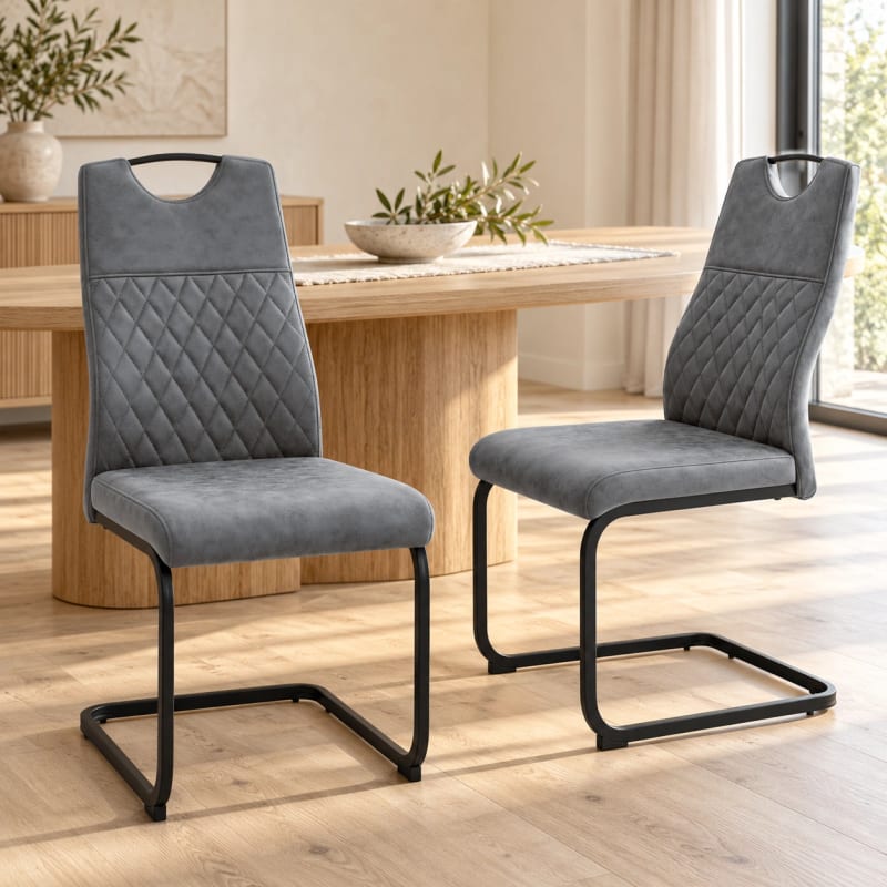 HAGO24 2er-Set Esszimmerstuhl Anthrazit Kunstleder Küchenstühle Schwingstuhl Freischwinger Polsterstuhl Rautensteppung Griffmulde Bodenschoner – Bild 1