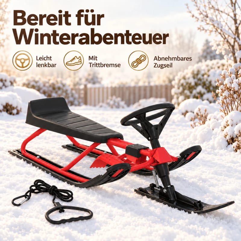 HAGO24 Kinder Lenkschlitten Rot Stahl Rodelschlitten Steuerschlitten Schneeschlitten 20-cm-Sitzhöhe Fußbremse abnehmbares Zugseil – Bild 3