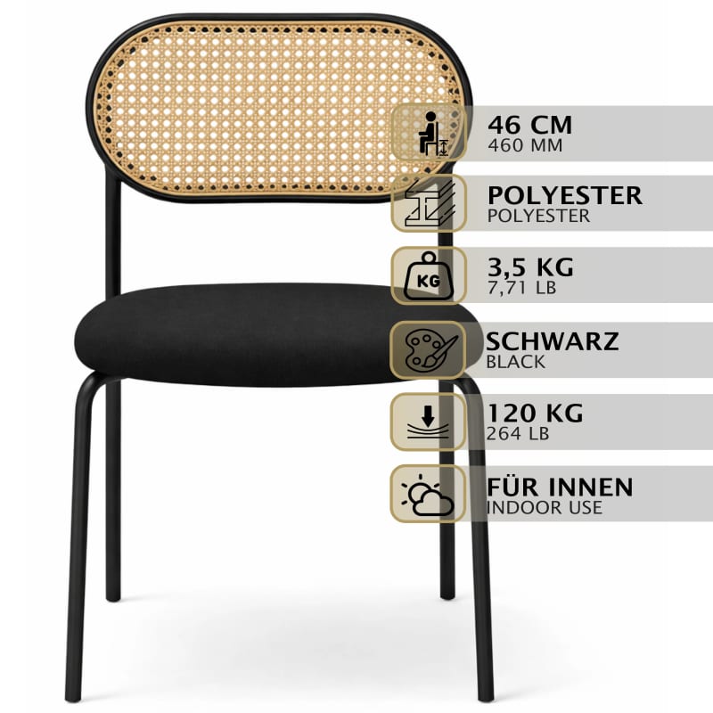 HAGO24 Esszimmerstühle 2er Set Küchenstuhl PE-Rattan Rückenlehne Stahlgestell Polster Schwarz Sitzhöhe 46cm bis 120kg – Bild 2