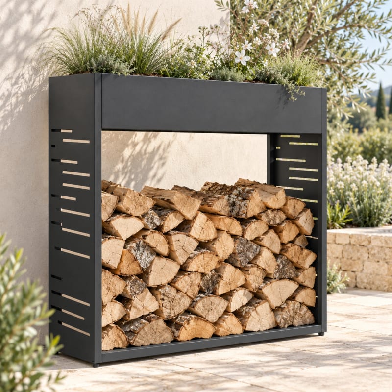 HAGO24 Feuerholzregal Anthrazit verzinkter Stahl Brennholzregal Kaminholzregal Holzlagerregal mit dekorativem Motiv mit integriertem Pflanzkasten mit 4 verstellbaren Bodenschonern