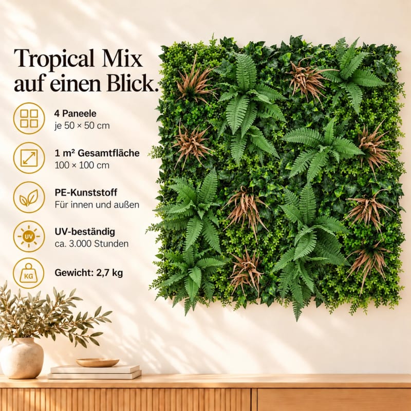 HAGO24 1qm Künstliche Pflanzwand Grün PE Kunstpflanzenwand Pflanzenmatte Blumenwand 4er-Set 50x50 cm Paneel Wanddeko UV-Beständig – Bild 4