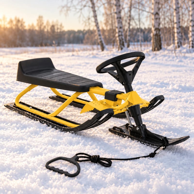 HAGO24 Kinder Lenkschlitten Gelb Stahl Rodelschlitten Steuerschlitten Schneeschlitten 20-cm-Sitzhöhe Fußbremse abnehmbares Zugseil – Bild 1