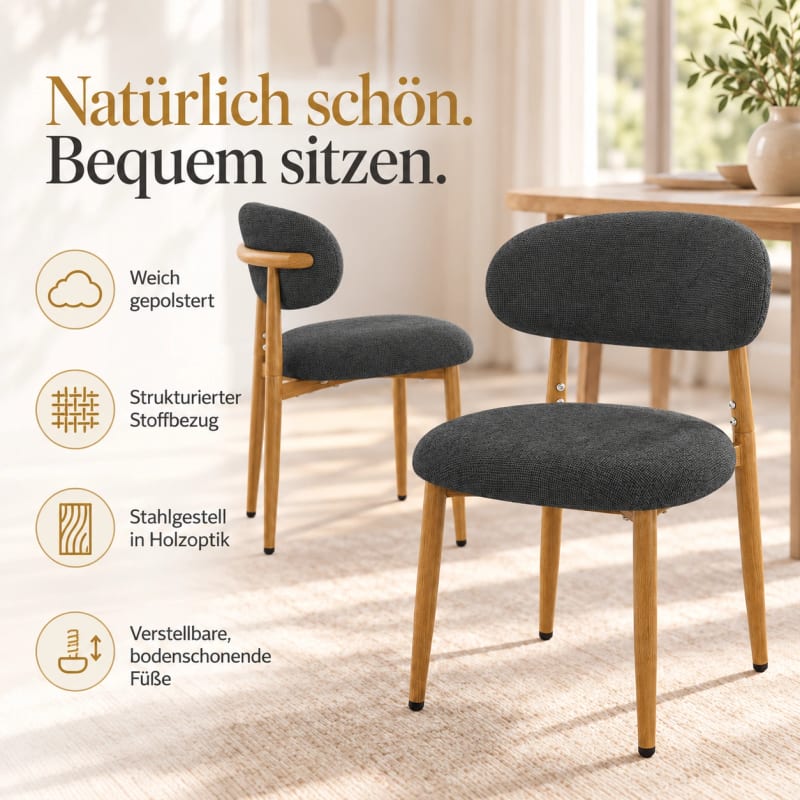 HAGO24 Esszimmerstühle Anthrazit Essstuhl Küchenstuhl Polsterstuhl Küchenstühle Rückenlehne Stoff Holzoptik Stahl Skandinavien – Bild 3