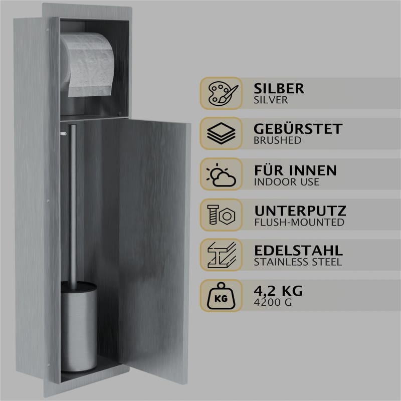 HAGO24 WC Modul Edelstahl gebürstet Einbauschrank Unterputz Wandnische 200x600mm Toilettenpapierhalter Bürstenhalter Push-to-Open befliesbare Tür – Bild 3
