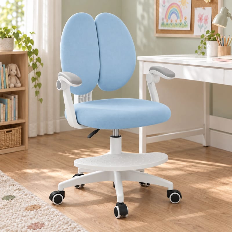 HAGO24 Kinder-Schreibtischstuhl Blau Polyester Drehstuhl Bürostuhl Schreibtischsessel 46-58cm-Sitzhöhe geteilte Rückenlehne höhenverstellbare Fußstütze
