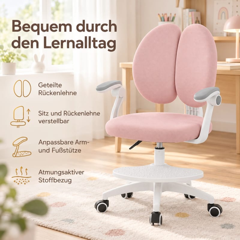HAGO24 Kinder-Schreibtischstuhl Rosa Polyester Drehstuhl Bürostuhl Schreibtischsessel 46-58cm-Sitzhöhe geteilte Rückenlehne höhenverstellbare Fußstütze – Bild 3