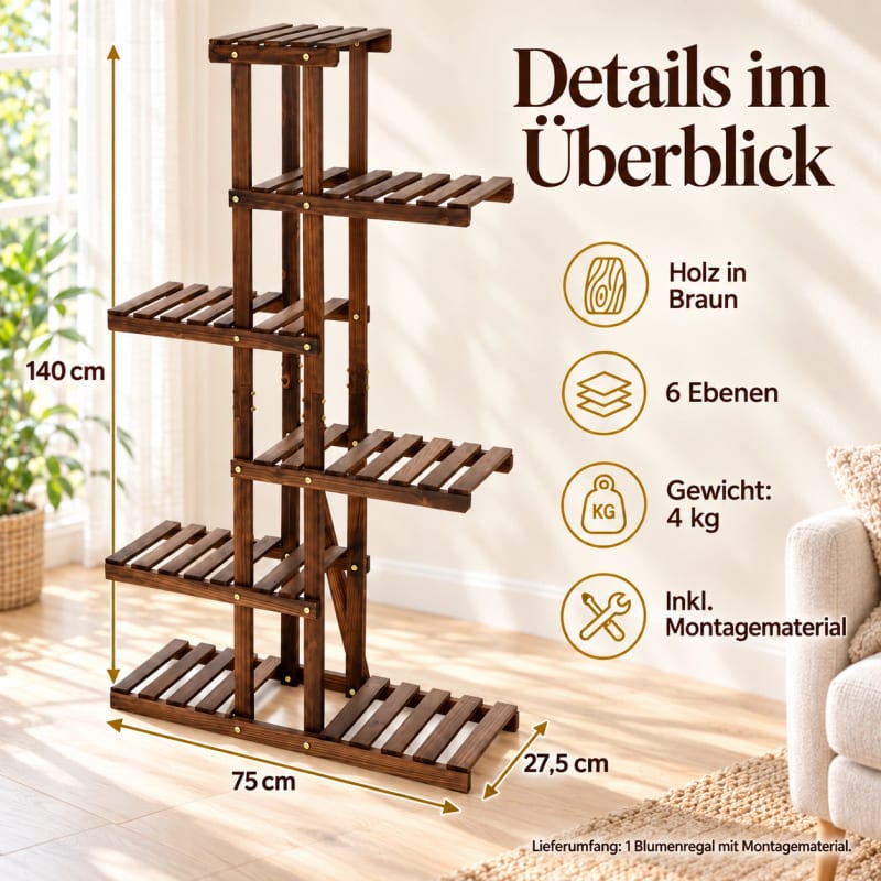 HAGO24 Blumenregal Braun Holz Pflanzenregal Blumentreppe Pflanzenständer Für Blumen Kräuter und Sukkulenten 140 cm hoch Inklusive Montagematerial – Bild 4