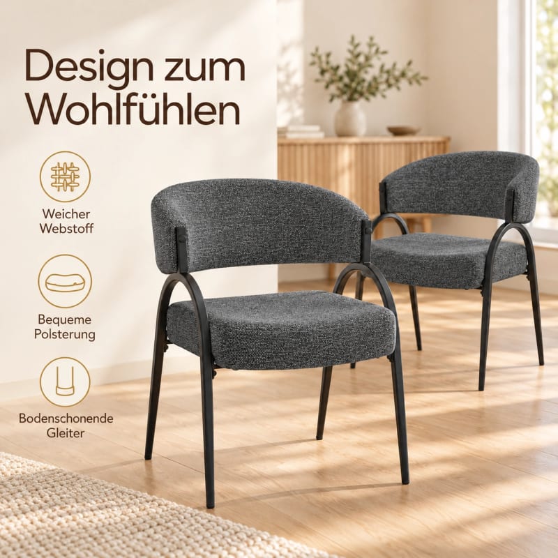 HAGO24 2er Set Esszimmerstühle Küchenstuhl Polyester Polsterstuhl Essstühle Designerstühle Bouclé-Webstoff – Bild 3
