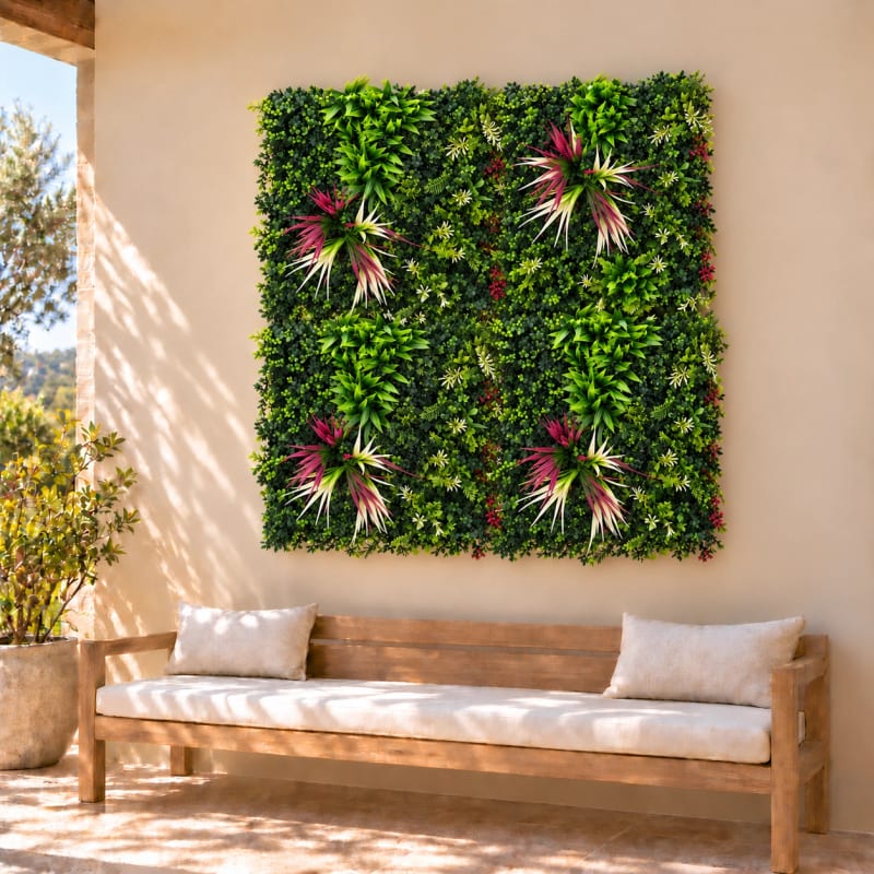 HAGO24 1qm Künstliche Pflanzwand Grün PE Kunstpflanzenwand Pflanzenmatte Blumenwand 4er-Set 50x50 cm Paneel Wanddeko UV-Beständig – Bild 2
