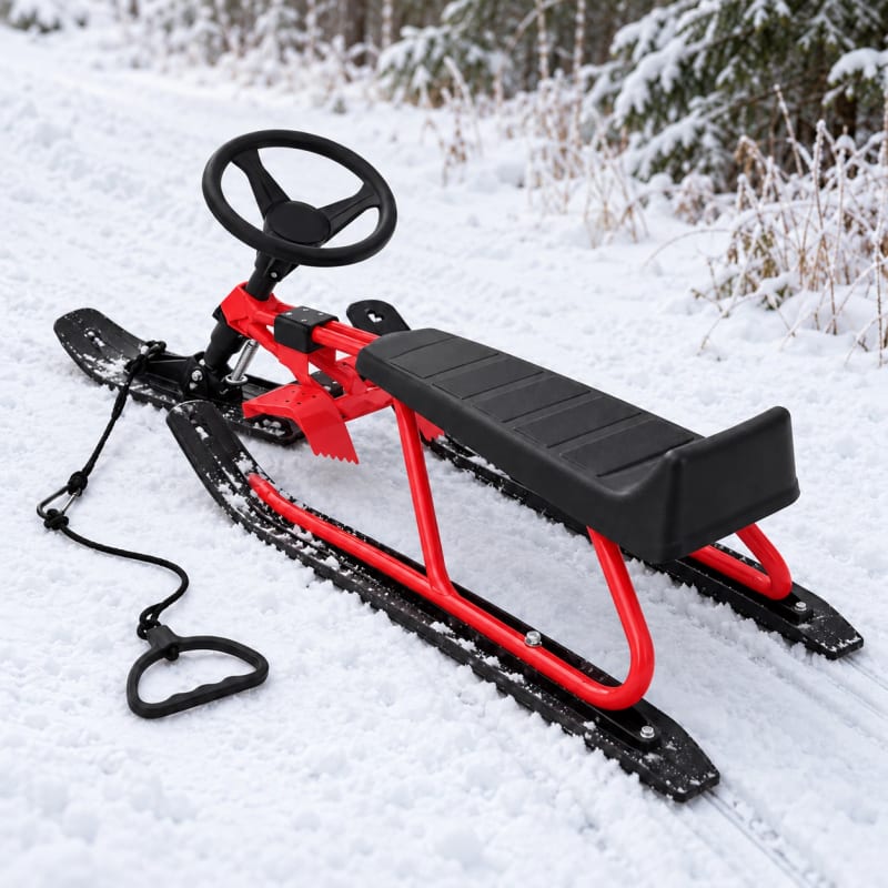 HAGO24 Kinder Lenkschlitten Rot Stahl Rodelschlitten Steuerschlitten Schneeschlitten 20-cm-Sitzhöhe Fußbremse abnehmbares Zugseil – Bild 5