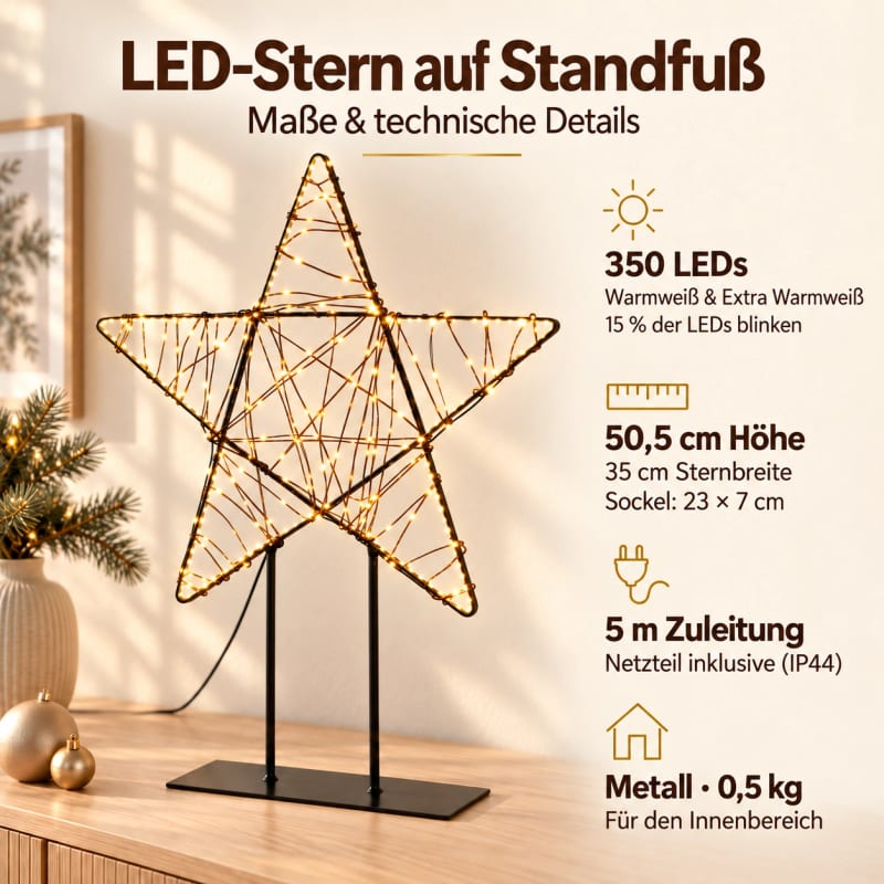 HAGO24 LED-Weihnachtsfigur auf Standfuß Warmweiß und extra warmweiß Metall LED-Leuchtstern Weihnachtsstern Metall-Weihnachtsdeko 350 Micro-LEDs 15 % Blinkfunktion 500 cm Zuleitung – Bild 4