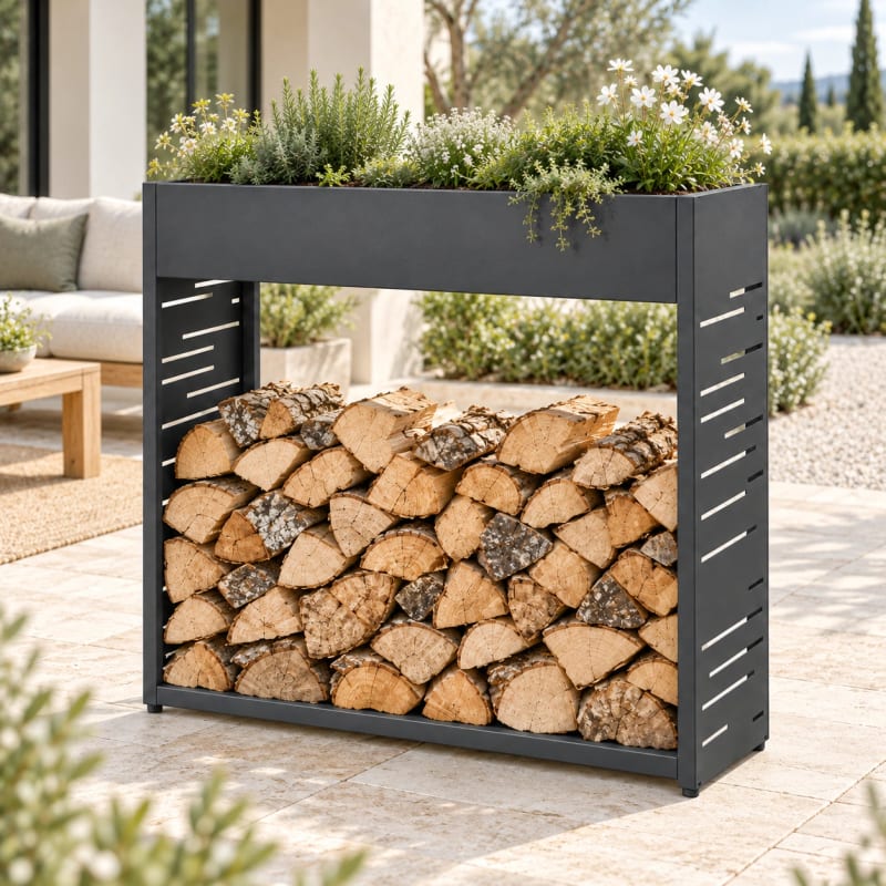 HAGO24 Feuerholzregal Anthrazit verzinkter Stahl Brennholzregal Kaminholzregal Holzlagerregal mit dekorativem Motiv mit integriertem Pflanzkasten mit 4 verstellbaren Bodenschonern – Bild 5