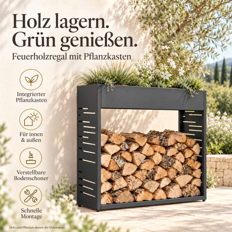 HAGO24 Feuerholzregal Anthrazit verzinkter Stahl Brennholzregal Kaminholzregal Holzlagerregal mit dekorativem Motiv mit integriertem Pflanzkasten mit 4 verstellbaren Bodenschonern – Bild 3