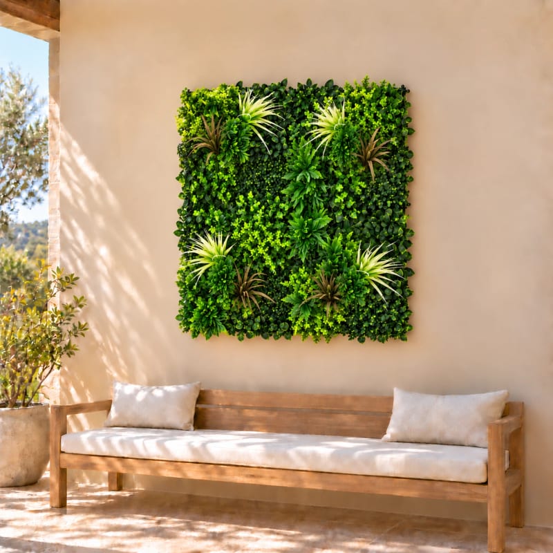 HAGO24 1qm Künstliche Pflanzwand Grün PE Kunstpflanzenwand Pflanzenmatte Blumenwand 4er-Set 50x50 cm Paneel Wanddeko UV-Beständig – Bild 2