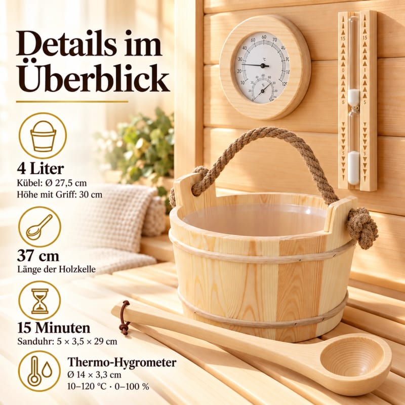 HAGO24 Sauna Zubehör Set Beige Kiefernholz Saunazubehörset Saunaaufguss-Set Saunaset 4 Liter Aufgusskübel Thermo-Hygrometer 15-Minuten-Sanduhr – Bild 3