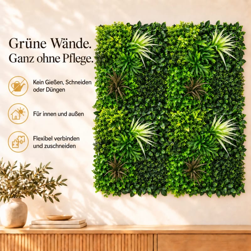 HAGO24 1qm Künstliche Pflanzwand Grün PE Kunstpflanzenwand Pflanzenmatte Blumenwand 4er-Set 50x50 cm Paneel Wanddeko UV-Beständig – Bild 3