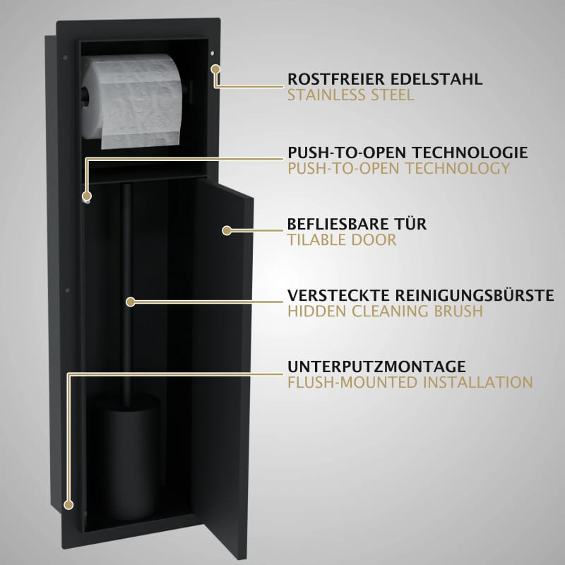 HAGO24 WC Modul Edelstahl Schwarz Einbauschrank Unterputz Wandnische 200x600mm Toilettenpapierhalter Bürstenhalter Push-to-Open befliesbare Tür – Bild 5