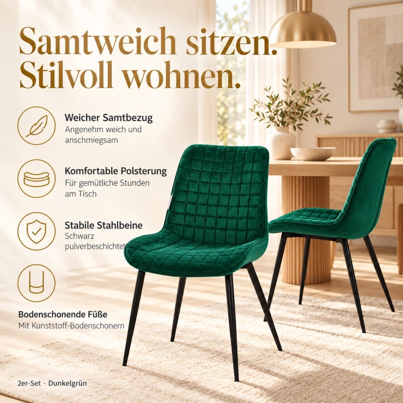 HAGO24 Esszimmerstühle Grün - Samt Polsterstuhl Küchenstuhl Samtstuhl Essstuhl quadratische Steppung gepolsterte Rückenlehne schwarzes Metallgestell – Bild 3