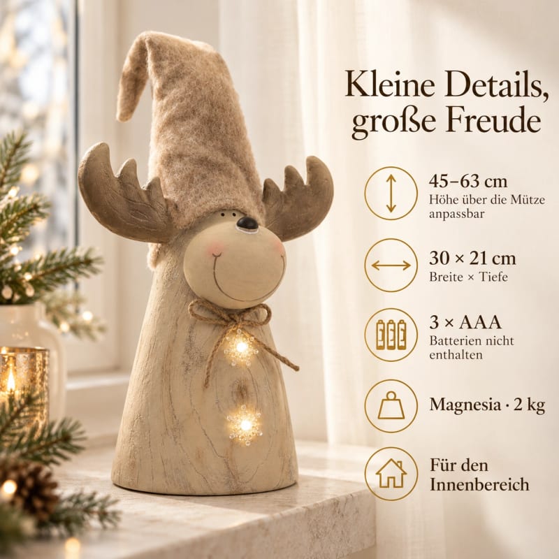 HAGO24 LED-Weihnachtselch Braun Holzoptik Elchfigur Rentierfigur Weihnachtsfigur höhenverstellbar LED-Schneeflocken 45-63cm – Bild 4
